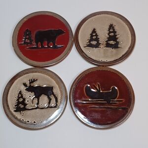 1st Set of Four Home Studio Woodland Collection Stoneware Rustic Cabin Coasters